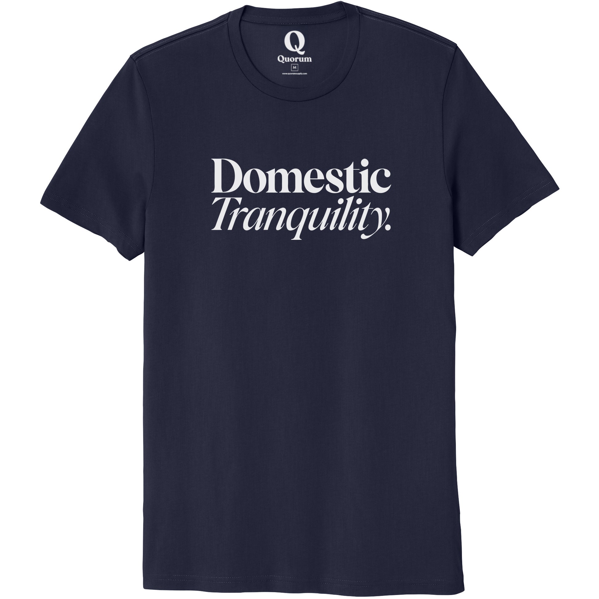 "Domestic Tranquility." Quorum Unisex 100% Organic Cotton Tee editorial print in Night Sky Navy