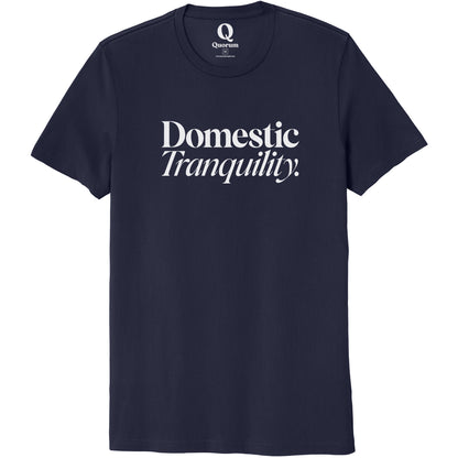 "Domestic Tranquility." Quorum Unisex 100% Organic Cotton Tee editorial print in Night Sky Navy