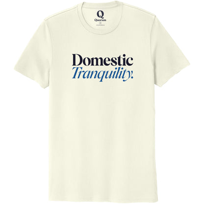 "Domestic Tranquility." Quorum Unisex 100% Organic Cotton Tee front print in White Sand