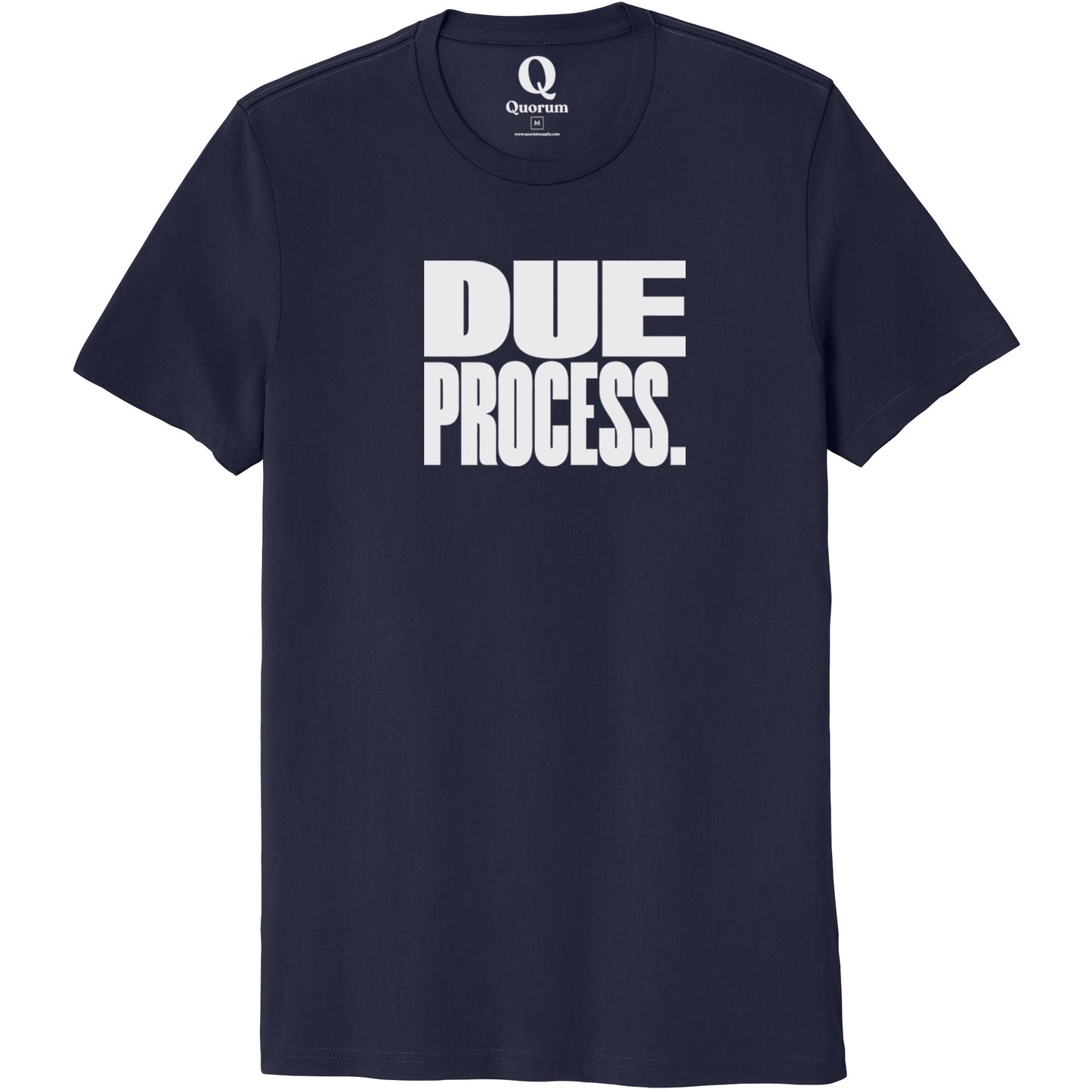 "Due Process." Quorum Unisex 100% Organic Cotton Tee editorial print in Night Sky Navy