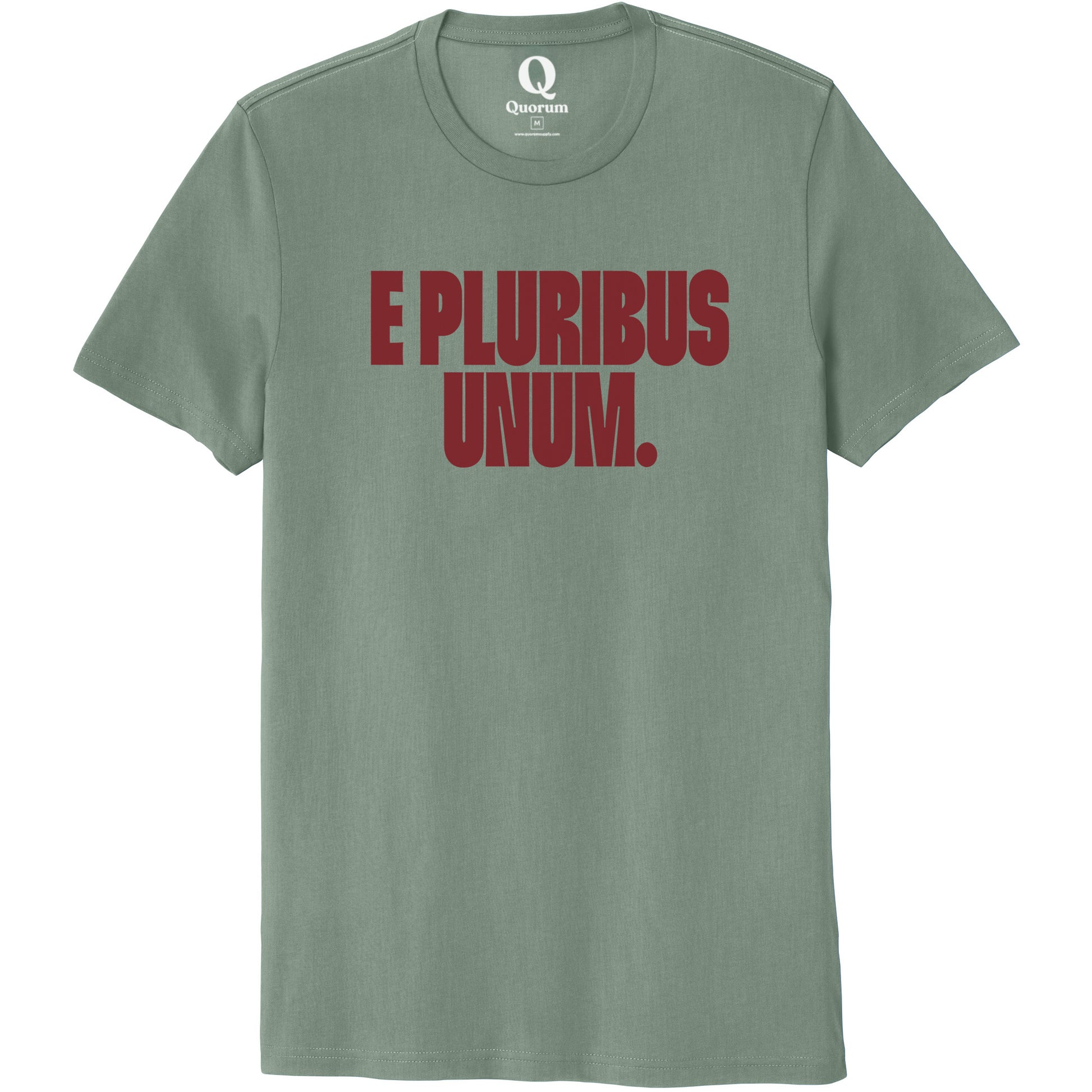 "E Pluribus Unum." Quorum Unisex 100% Organic Cotton Tee front print in Matcha Green