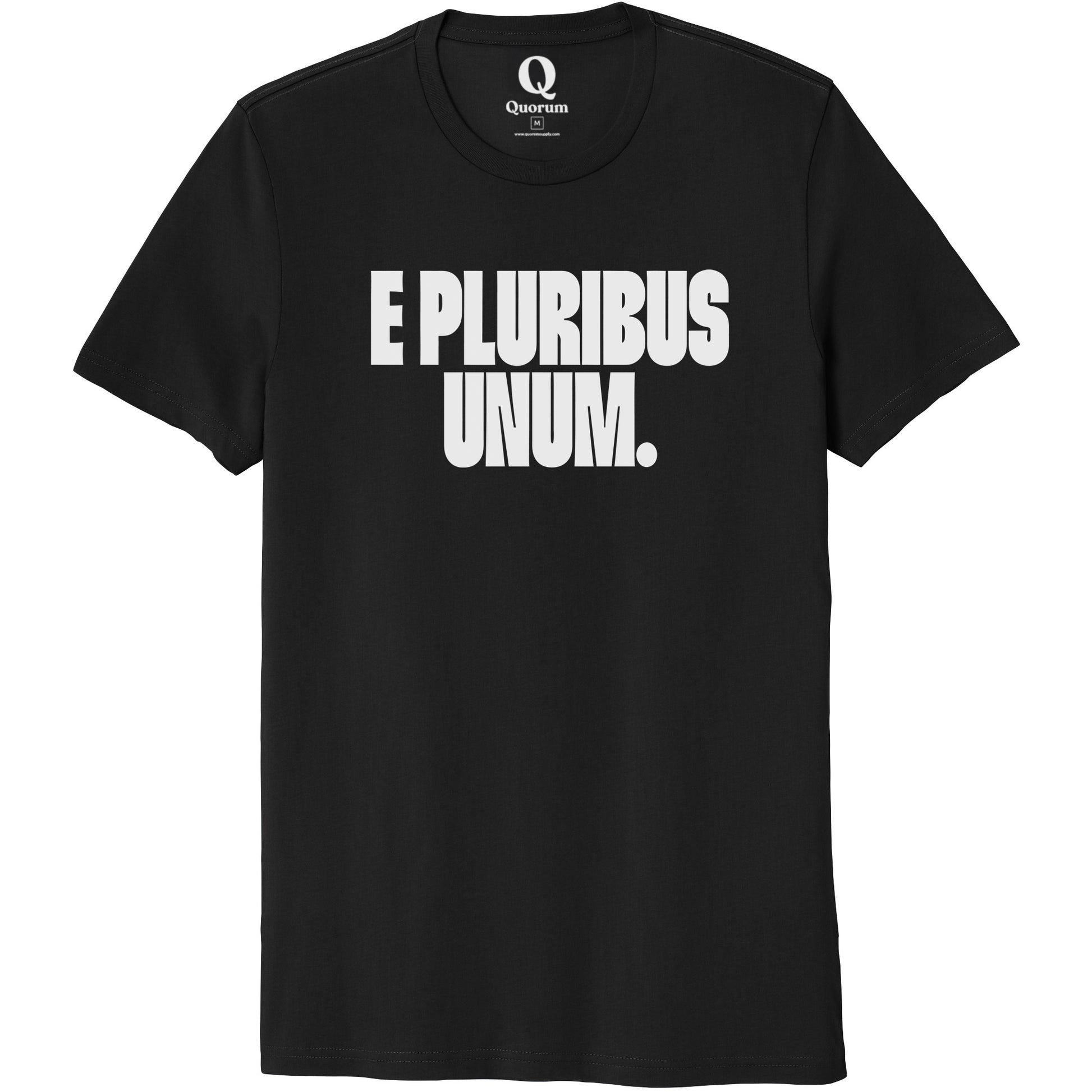 "E Pluribus Unum." Quorum Unisex 100% Organic Cotton Tee editorial print in Deep Black