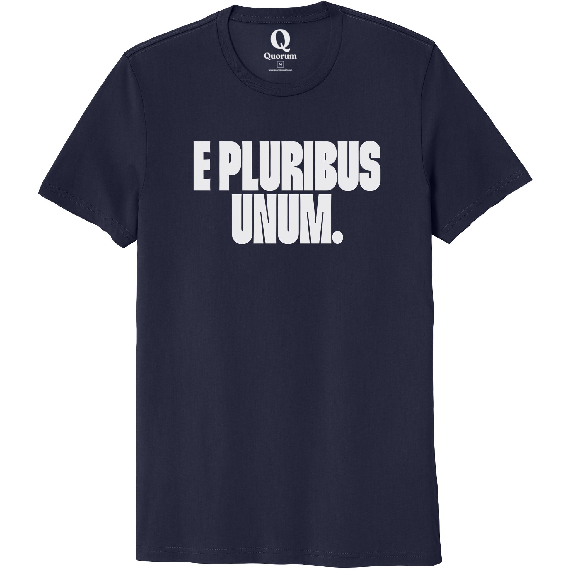"E Pluribus Unum." Quorum Unisex 100% Organic Cotton Tee editorial print in Night Sky Navy