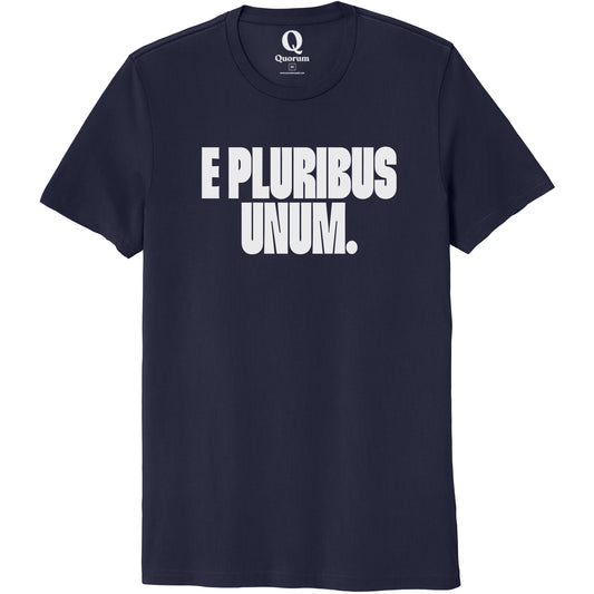 "E Pluribus Unum." Quorum Unisex 100% Organic Cotton Tee editorial print in Night Sky Navy