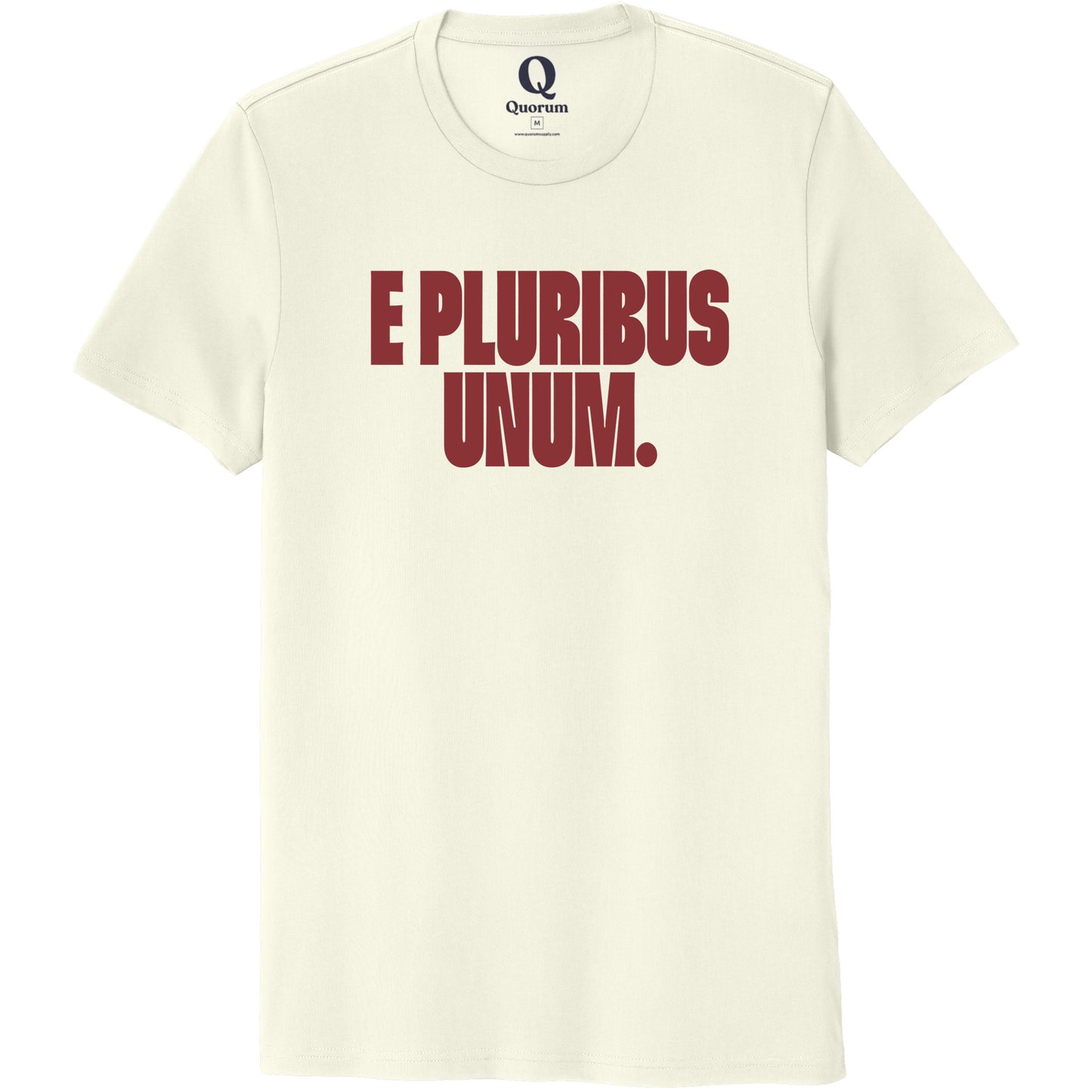 "E Pluribus Unum." Quorum Unisex 100% Organic Cotton Tee front print in White Sand