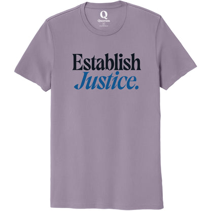"Establish Justice." Quorum Unisex 100% Organic Cotton Tee front print in Cosmic Purple