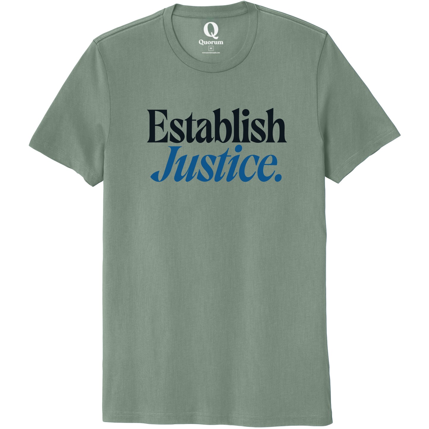 "Establish Justice." Quorum Unisex 100% Organic Cotton Tee front print in Matcha Green