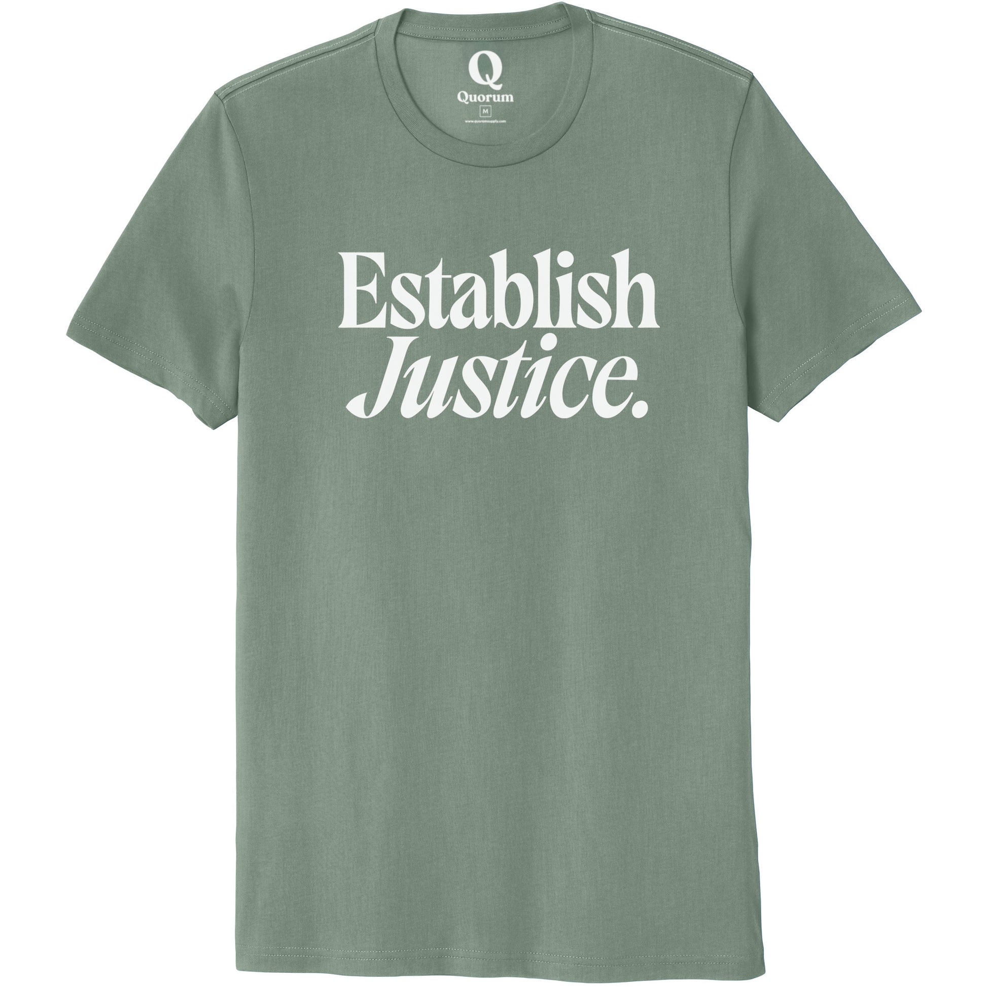 "Establish Justice." Quorum Unisex 100% Organic Cotton Tee editorial print in Matcha Green