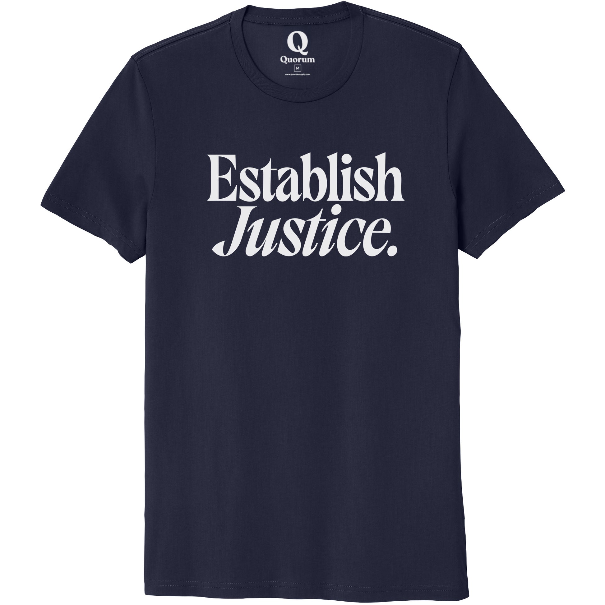 "Establish Justice." Quorum Unisex 100% Organic Cotton Tee editorial print in Night Sky Navy