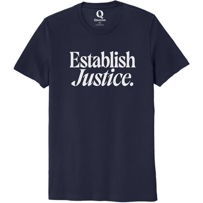"Establish Justice." Quorum Unisex 100% Organic Cotton Tee editorial print in Night Sky Navy