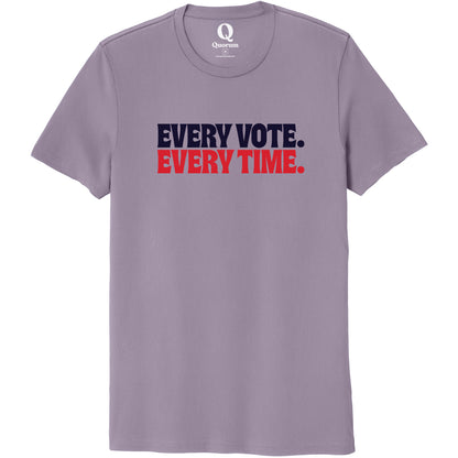 "Every Vote. Every Time." Quorum Unisex 100% Organic Cotton Tee front print in Cosmic Purple