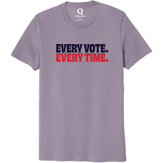 "Every Vote. Every Time." Quorum Unisex 100% Organic Cotton Tee front print in Cosmic Purple