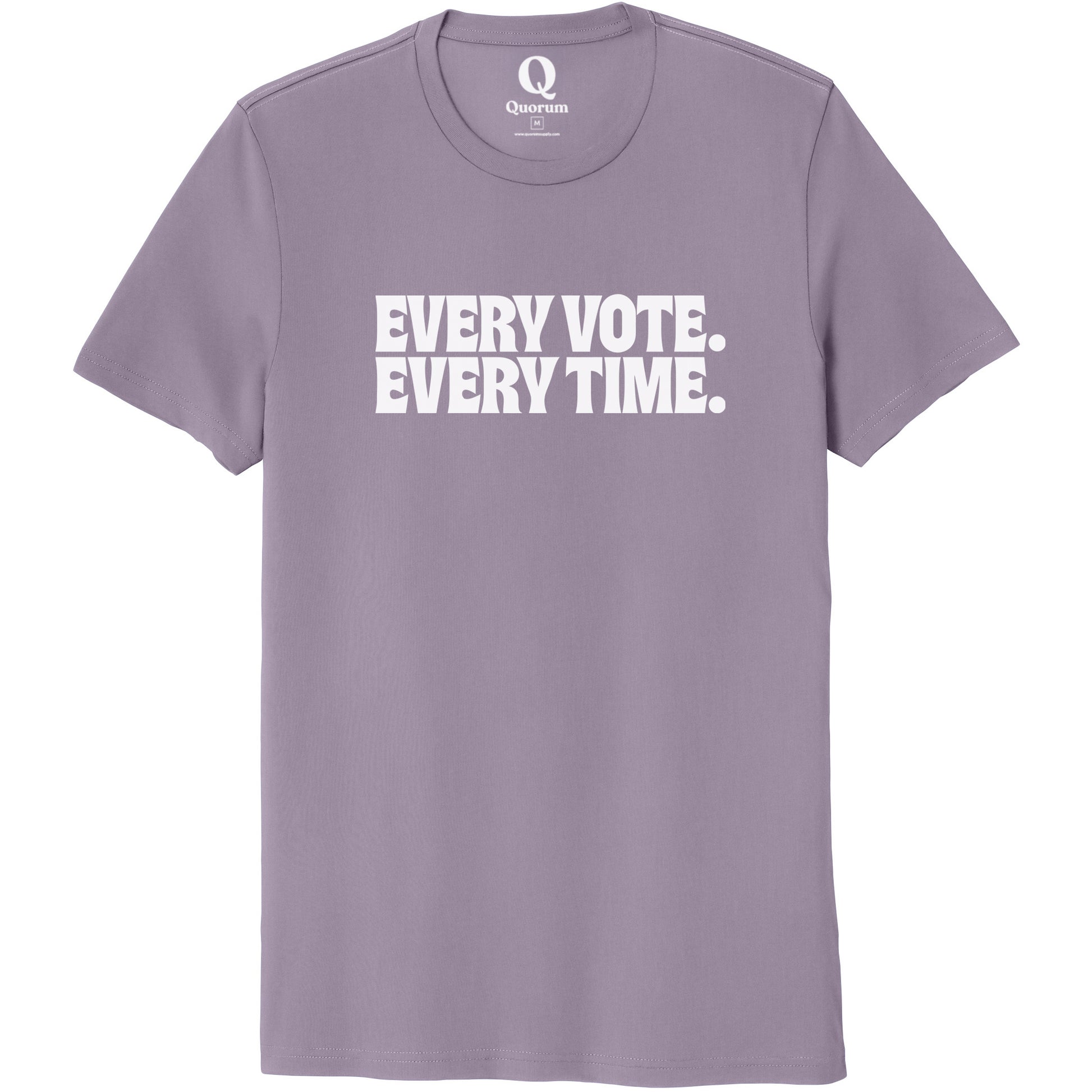 "Every Vote. Every Time." Quorum Unisex 100% Organic Cotton Tee editorial print in Cosmic Purple
