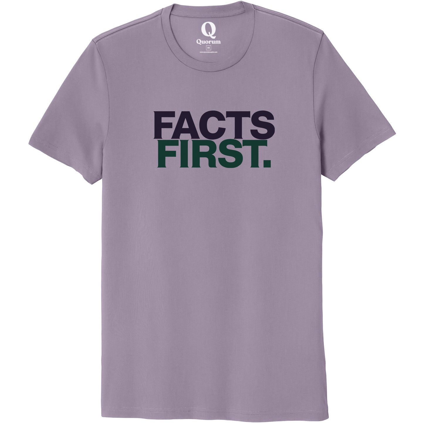 "Facts First." Quorum Unisex 100% Organic Cotton Tee front print in Cosmic Purple