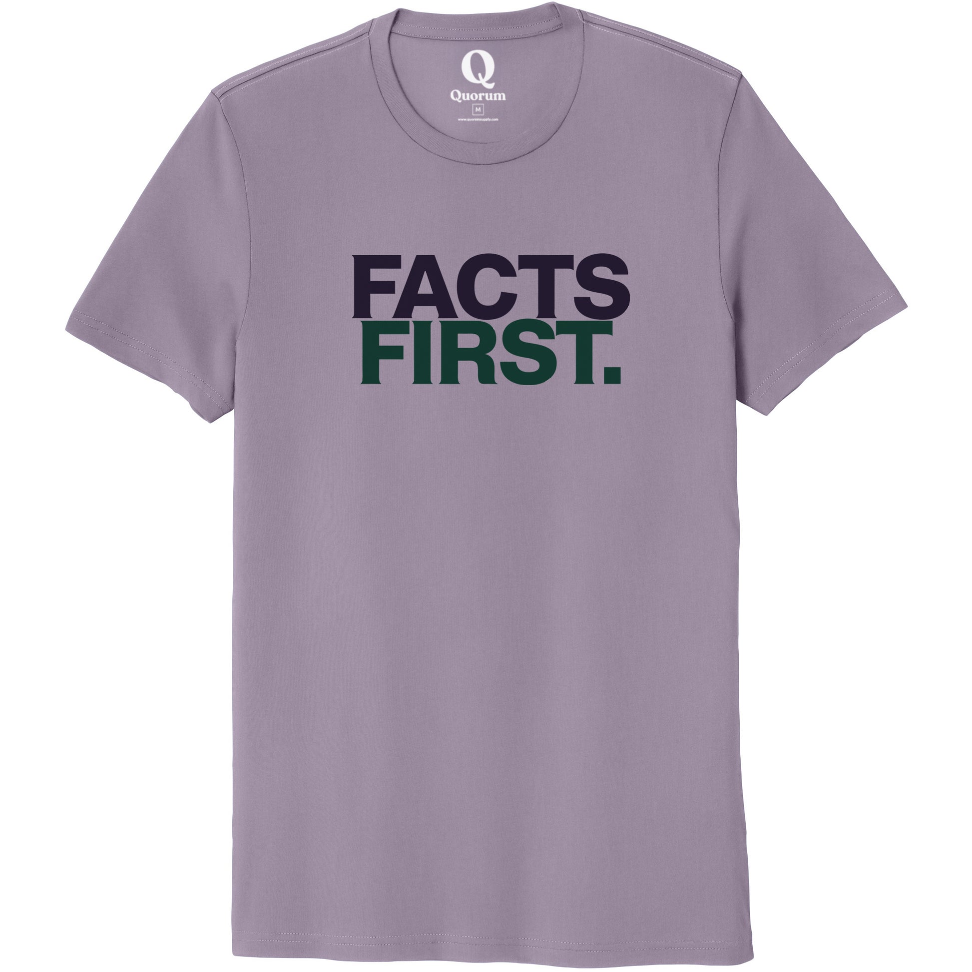 "Facts First." Quorum Unisex 100% Organic Cotton Tee front print in Cosmic Purple