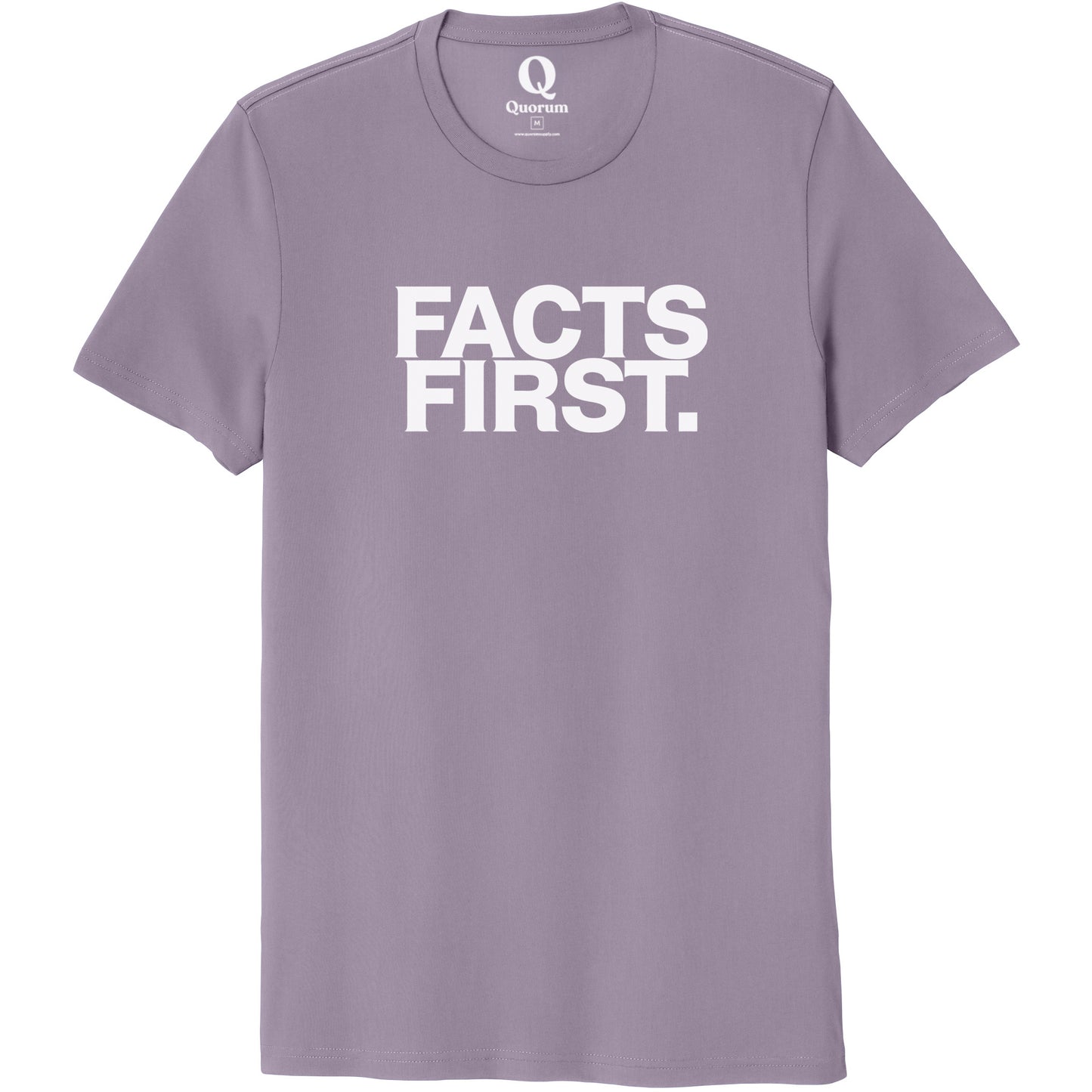 "Facts First." Quorum Unisex 100% Organic Cotton Tee editorial print in Cosmic Purple