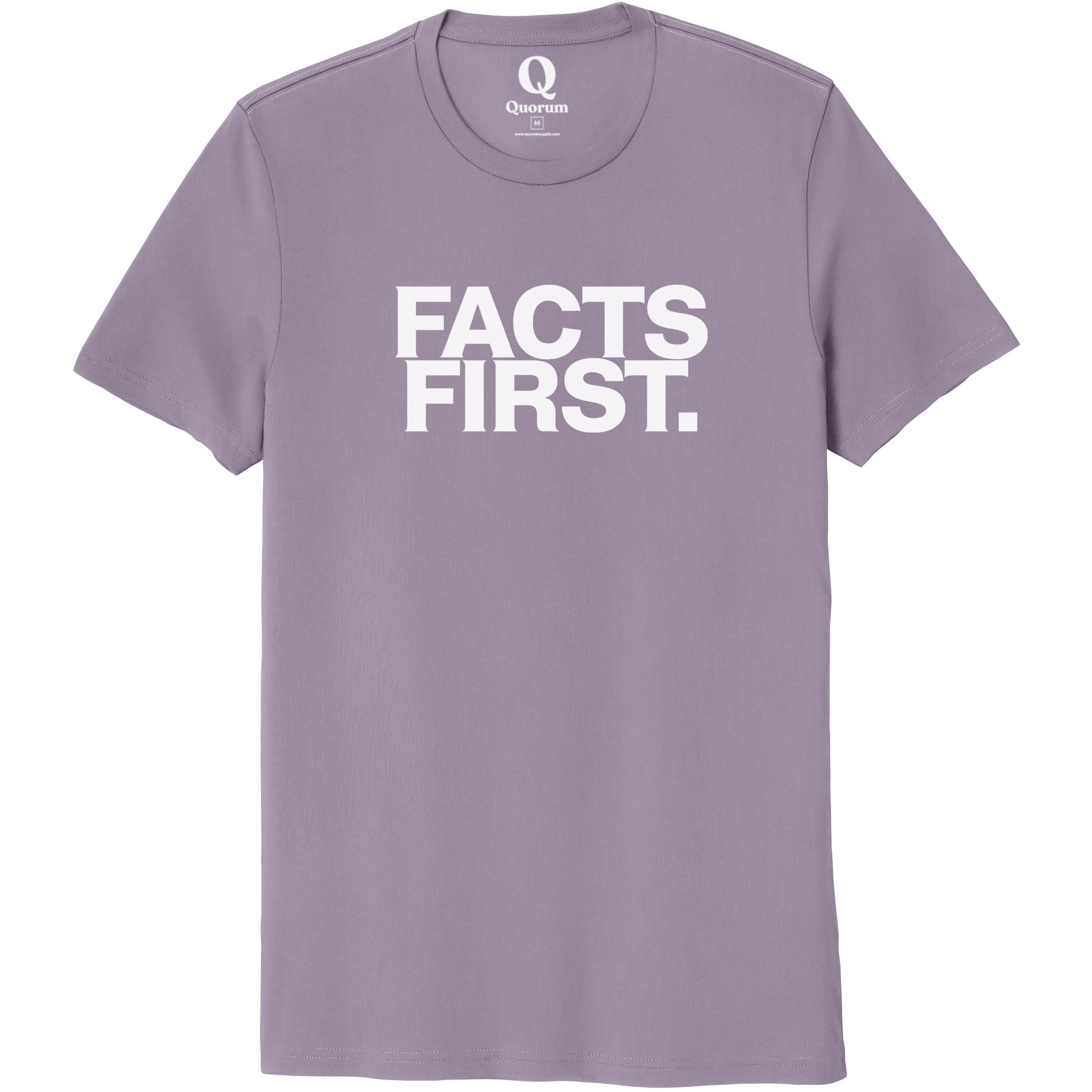 "Facts First." Quorum Unisex 100% Organic Cotton Tee editorial print in Cosmic Purple