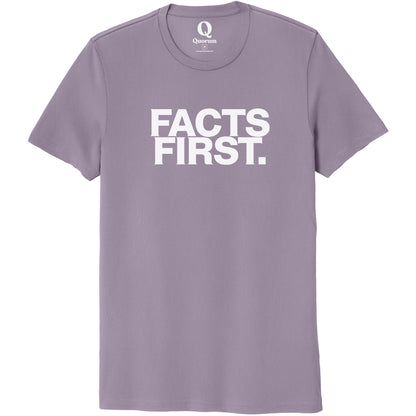 "Facts First." Quorum Unisex 100% Organic Cotton Tee editorial print in Cosmic Purple