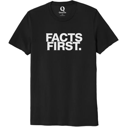 "Facts First." Quorum Unisex 100% Organic Cotton Tee editorial print in Deep Black