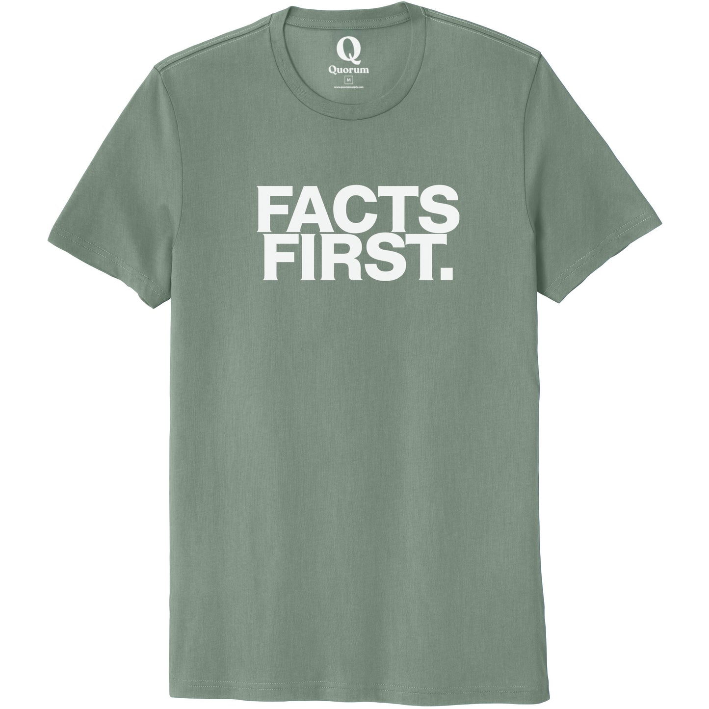 "Facts First." Quorum Unisex 100% Organic Cotton Tee editorial print in Matcha Green
