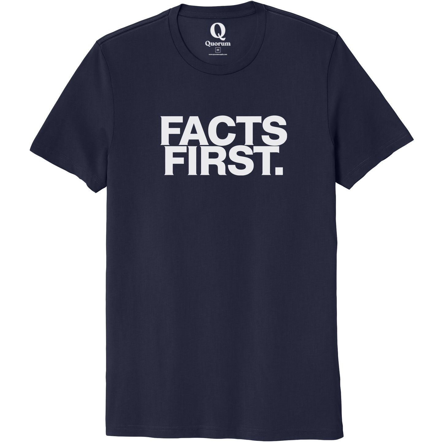"Facts First." Quorum Unisex 100% Organic Cotton Tee editorial print in Night Sky Navy