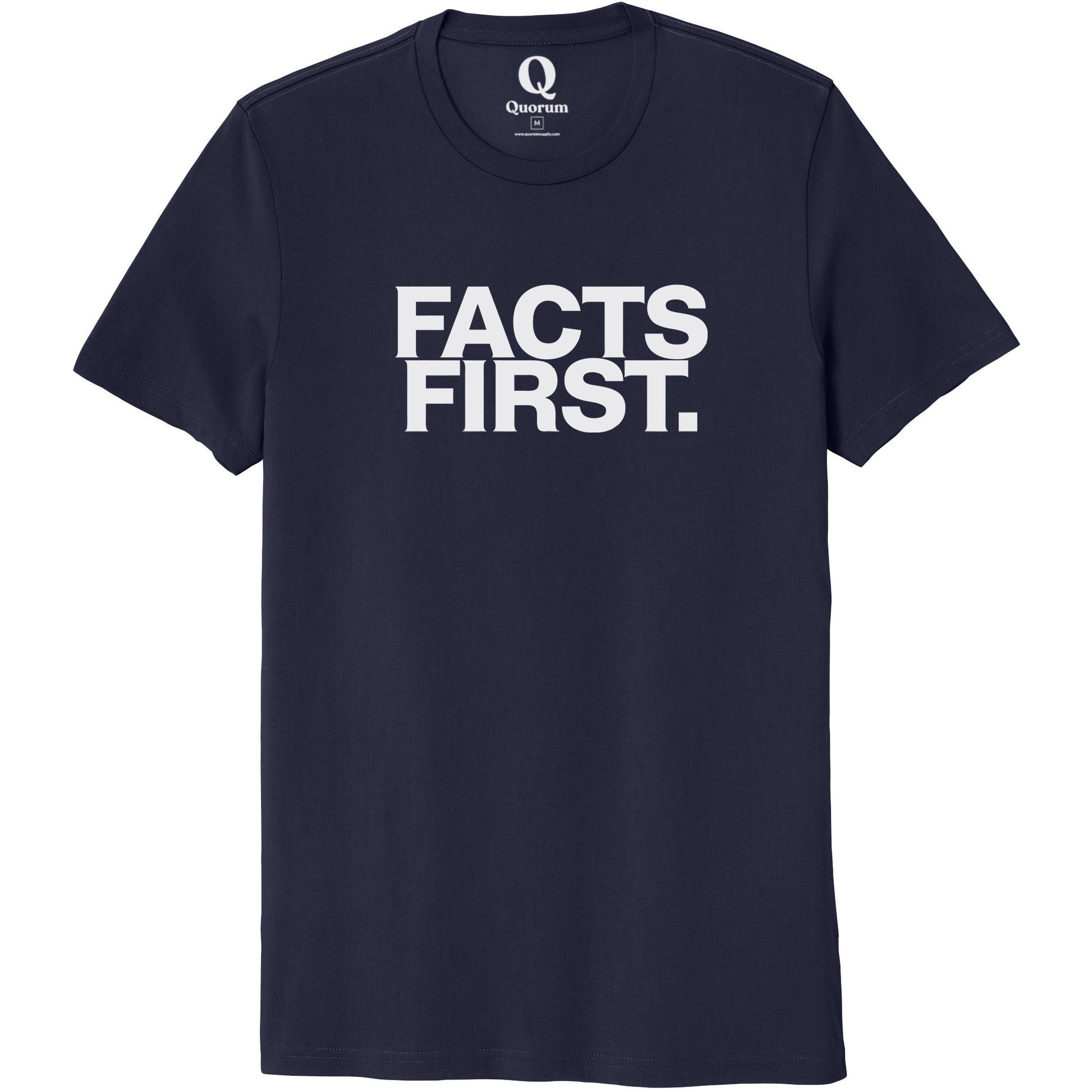"Facts First." Quorum Unisex 100% Organic Cotton Tee editorial print in Night Sky Navy