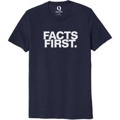 "Facts First." Quorum Unisex 100% Organic Cotton Tee editorial print in Night Sky Navy