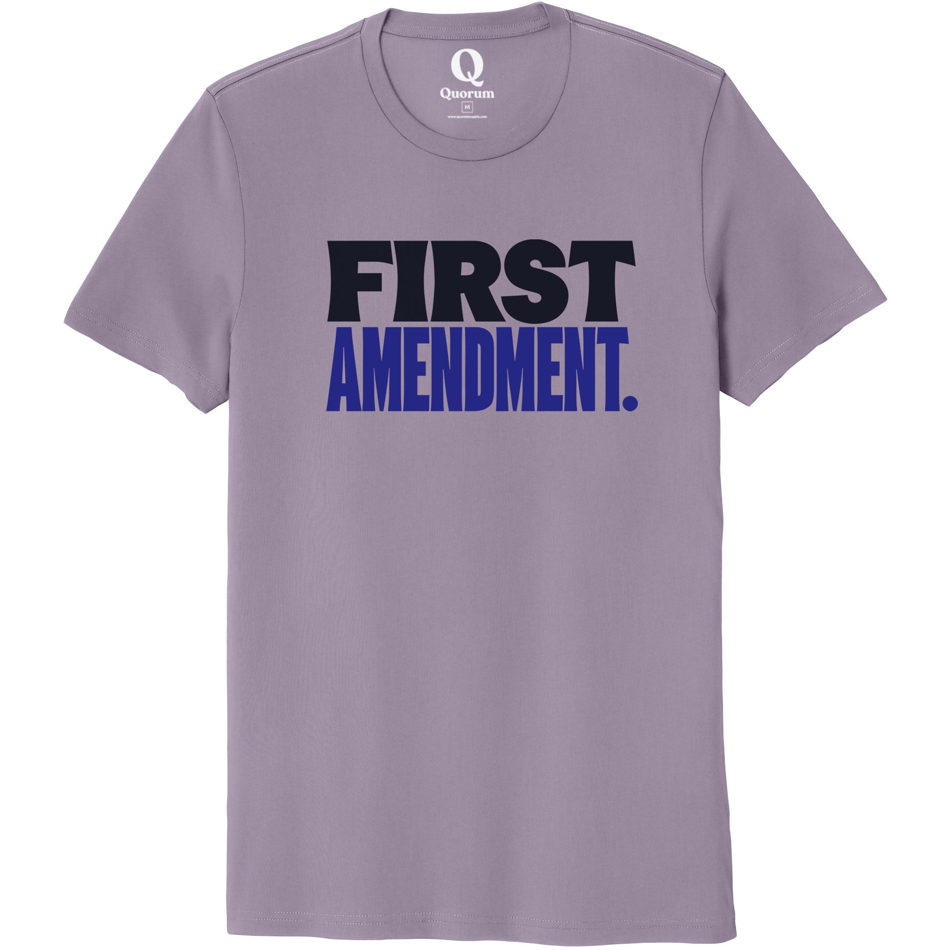 "First Amendment." Quorum Unisex 100% Organic Cotton Tee front print in Cosmic Purple