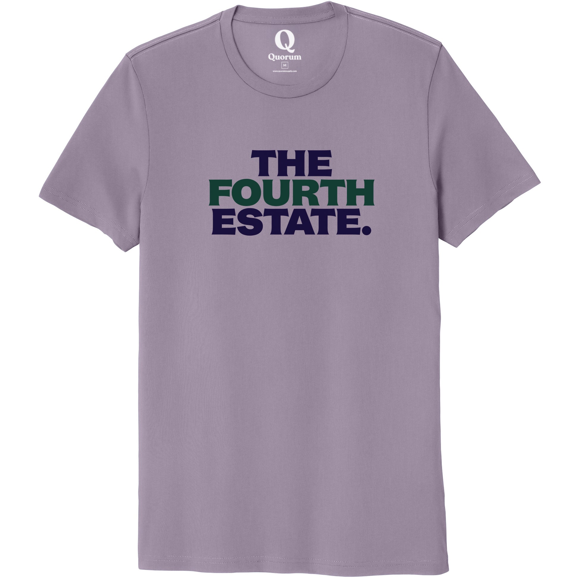 "The Fourth Estate." Quorum Unisex 100% Organic Cotton Tee front print in Cosmic Purple