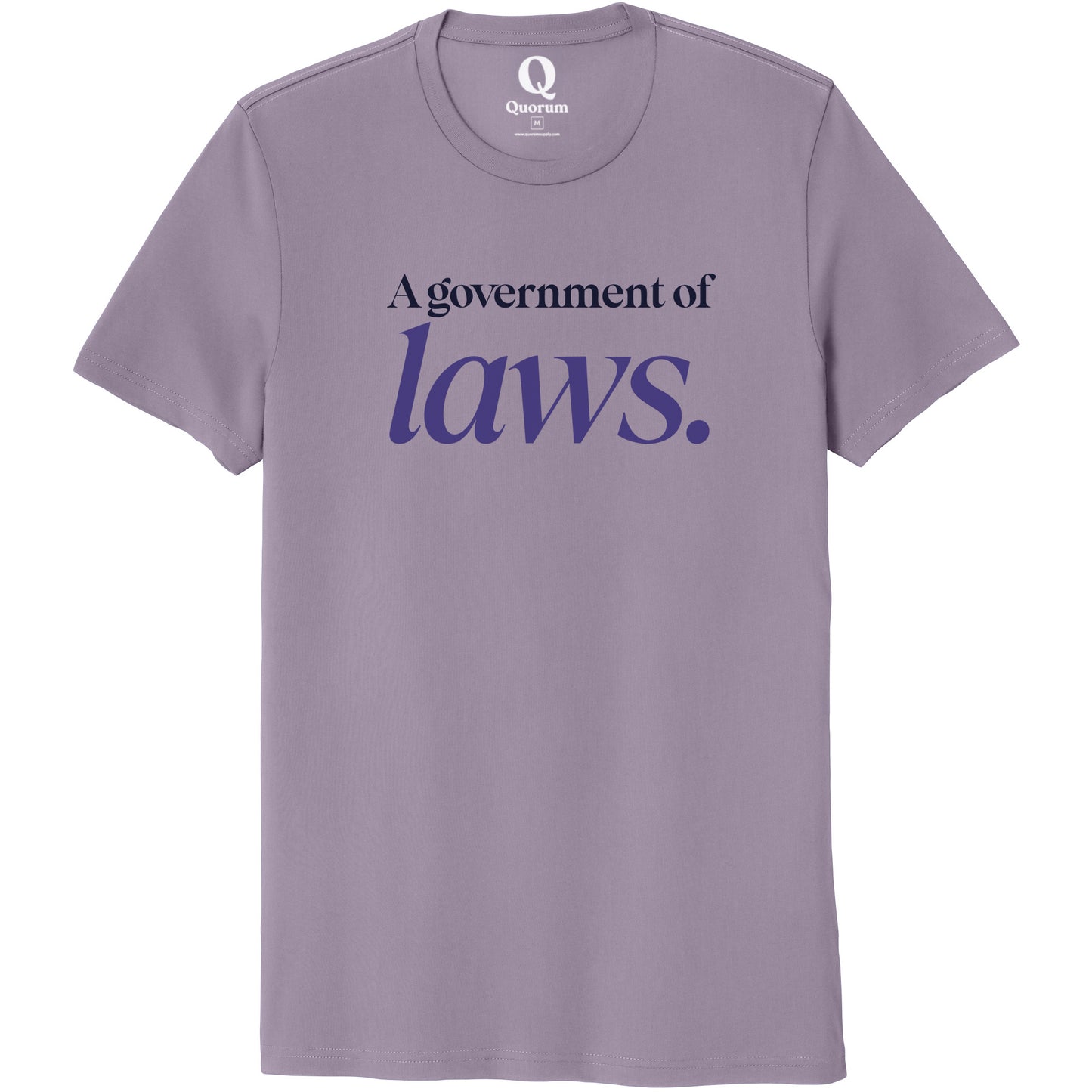 "A government of laws." Quorum Unisex 100% Organic Cotton Tee front print in Cosmic Purple