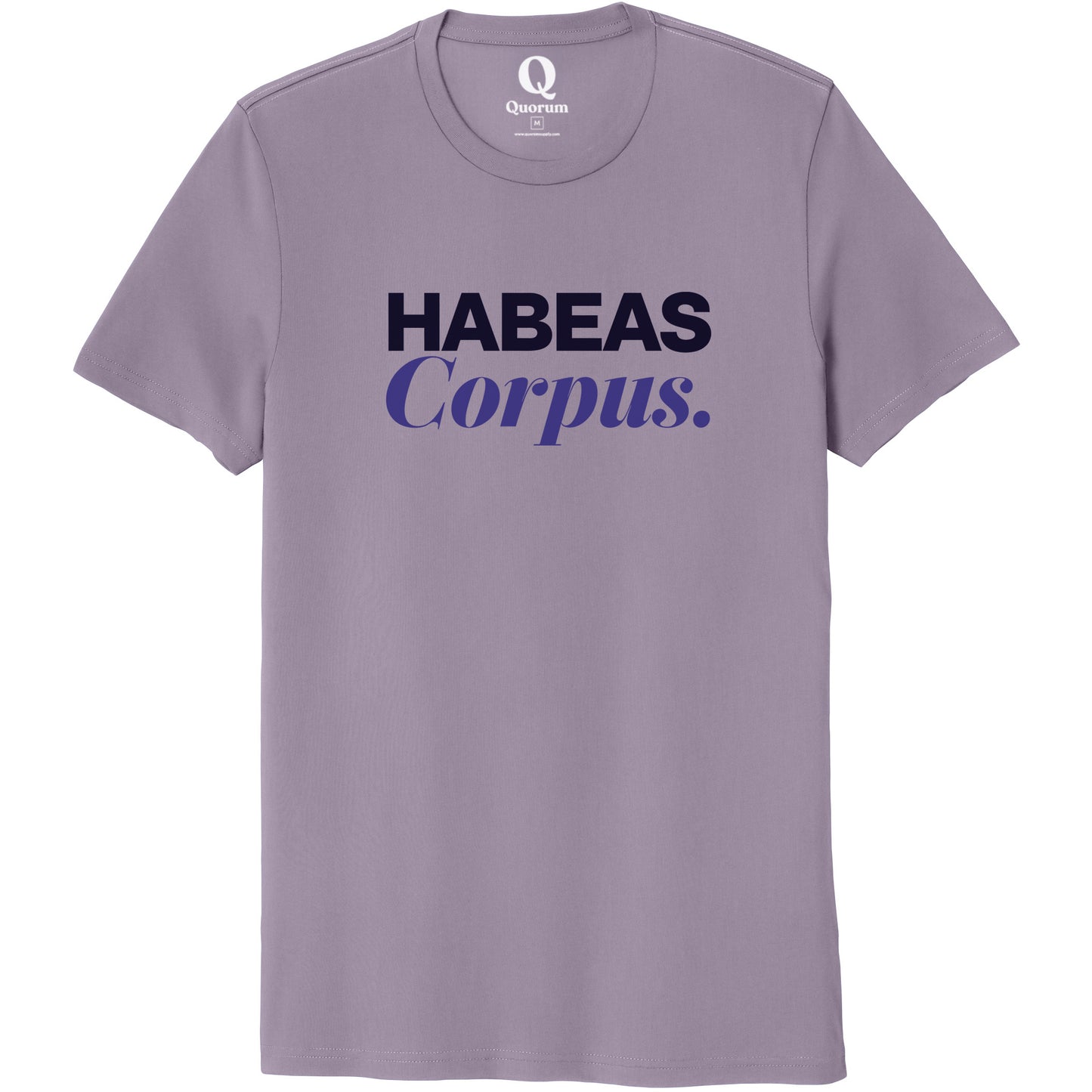 "Habeas Corpus." Quorum Unisex 100% Organic Cotton Tee front print in Cosmic Purple