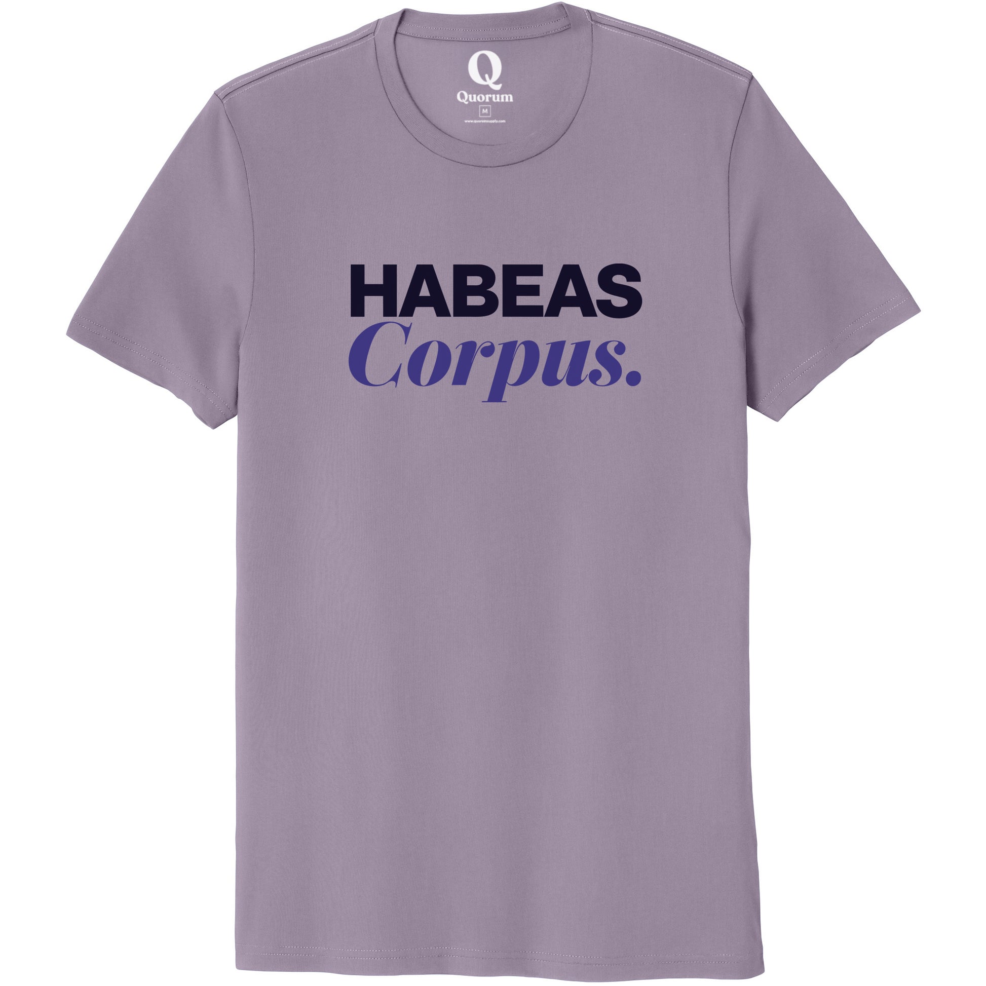 "Habeas Corpus." Quorum Unisex 100% Organic Cotton Tee front print in Cosmic Purple