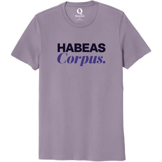 "Habeas Corpus." Quorum Unisex 100% Organic Cotton Tee front print in Cosmic Purple