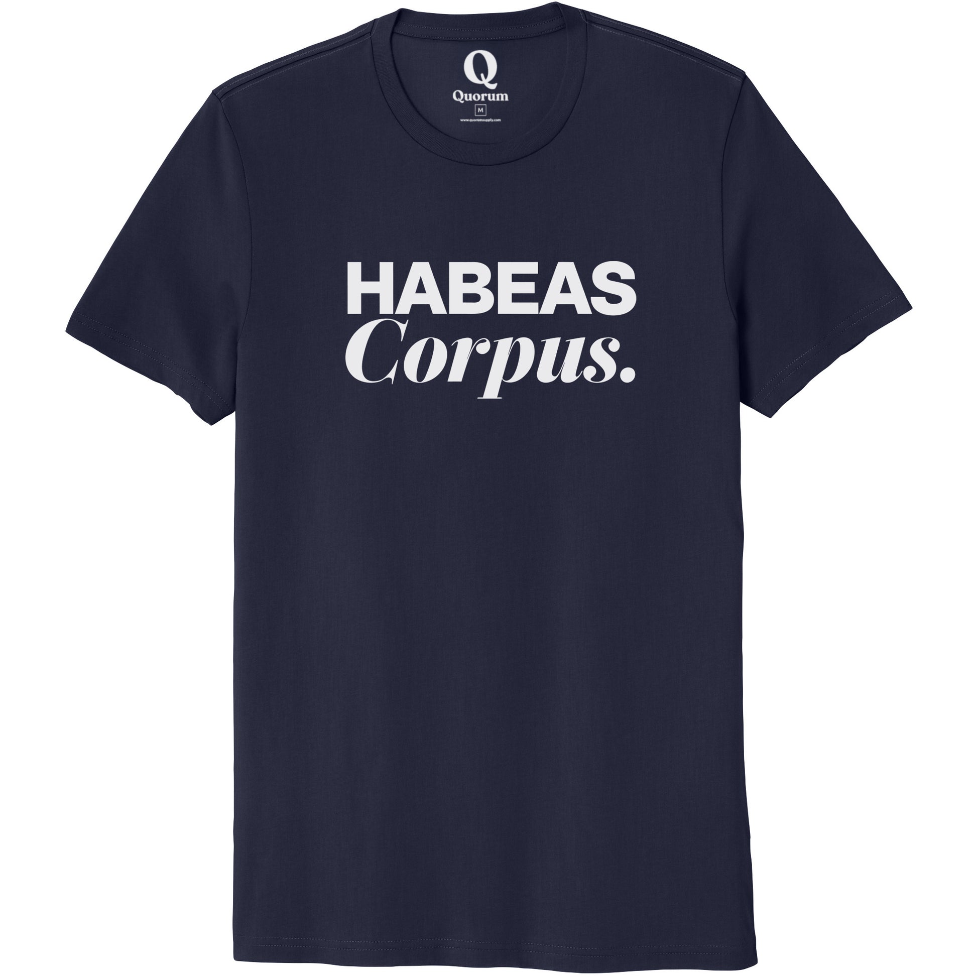 "Habeas Corpus." Quorum Unisex 100% Organic Cotton Tee editorial print in Night Sky Navy