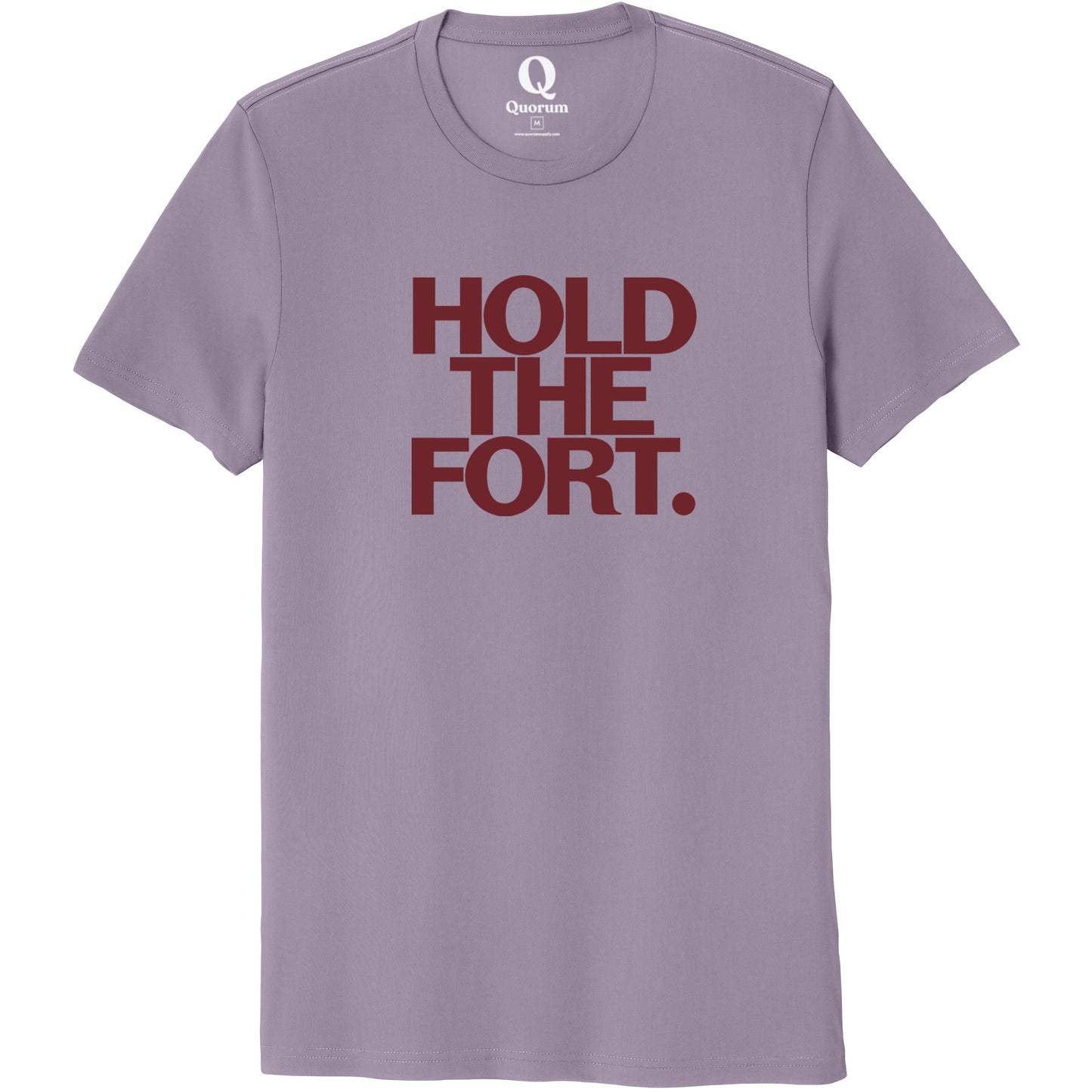 "Hold the Fort." Quorum Unisex 100% Organic Cotton Tee front print in Cosmic Purple