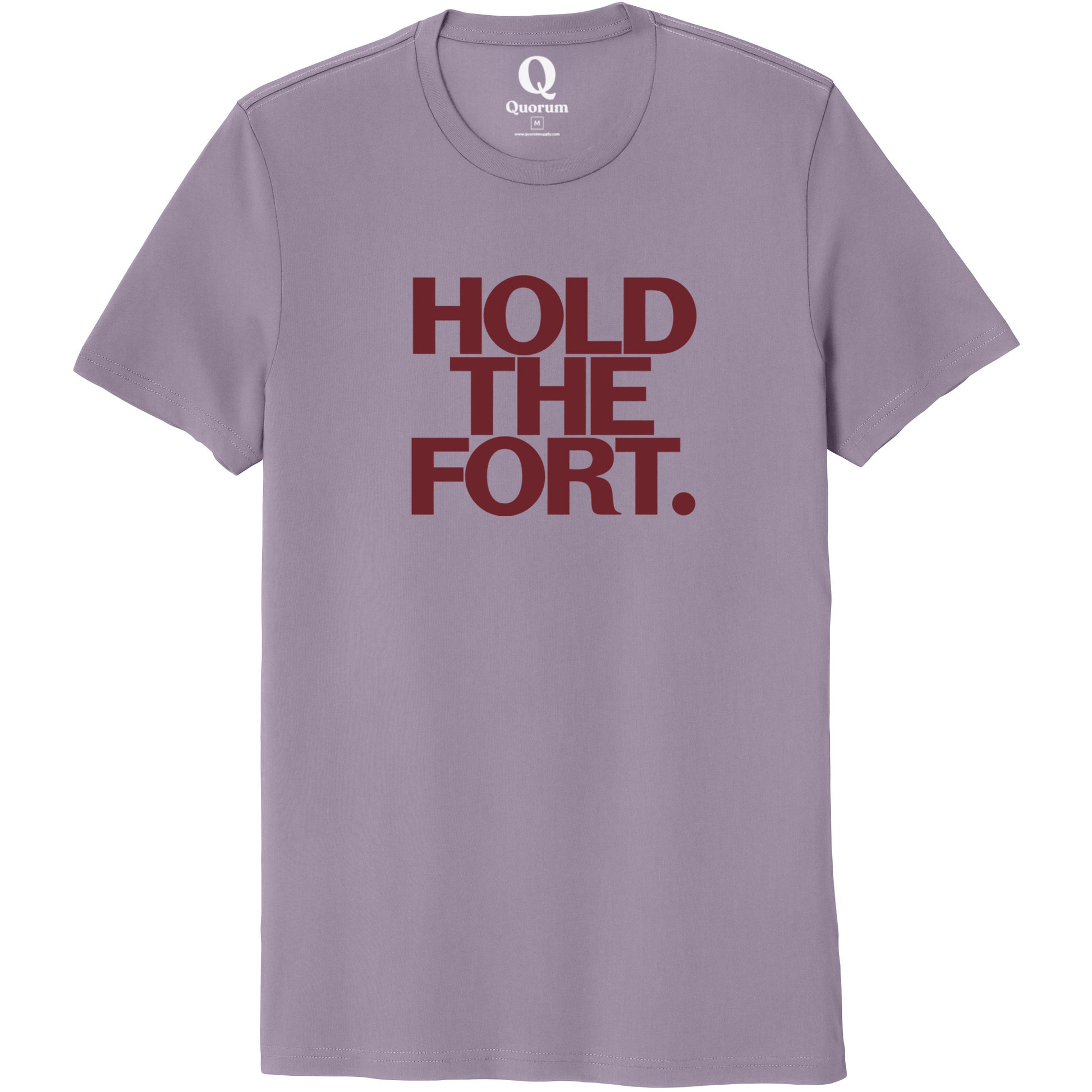 "Hold the Fort." Quorum Unisex 100% Organic Cotton Tee front print in Cosmic Purple