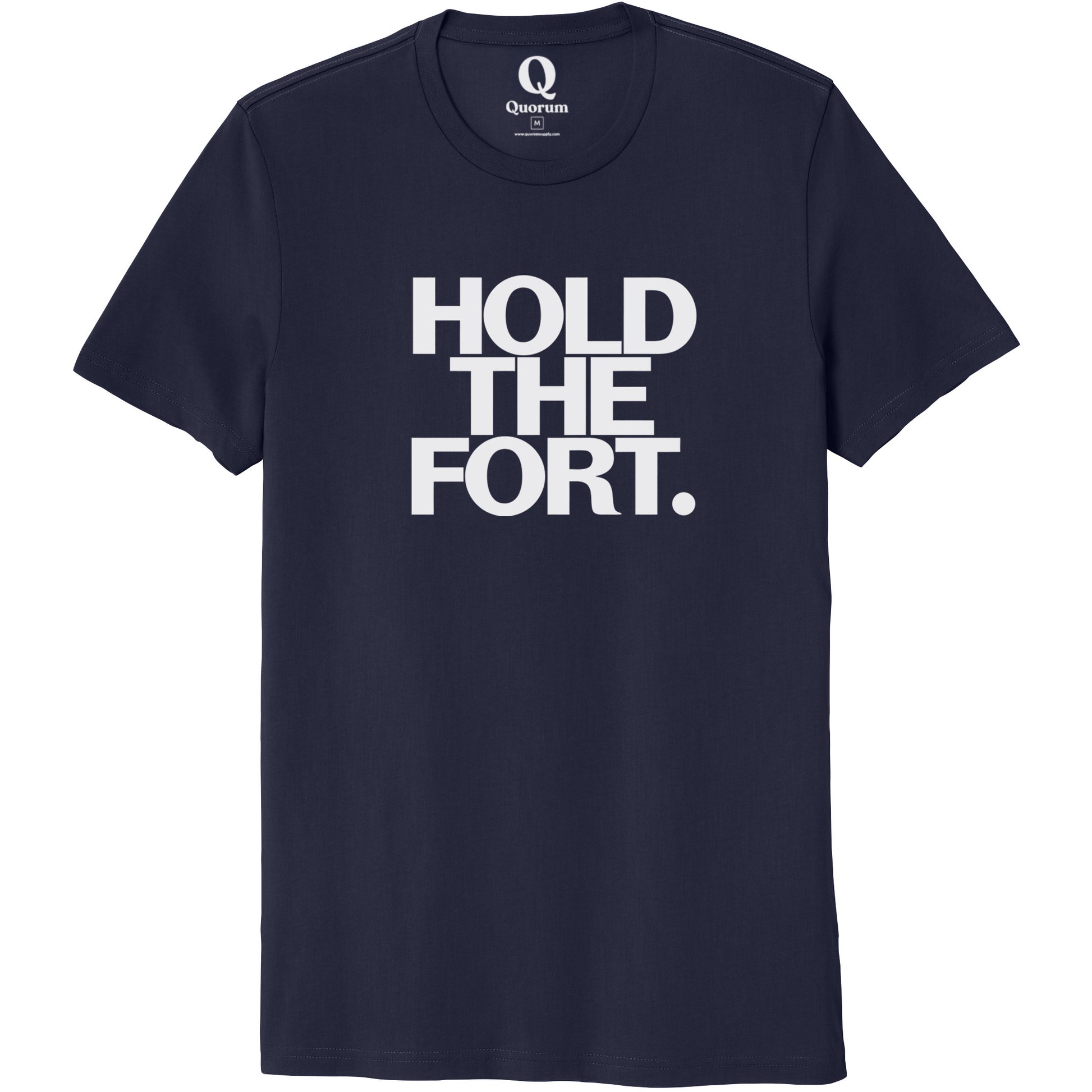 "Hold the Fort." Quorum Unisex 100% Organic Cotton Tee editorial print in Night Sky Navy