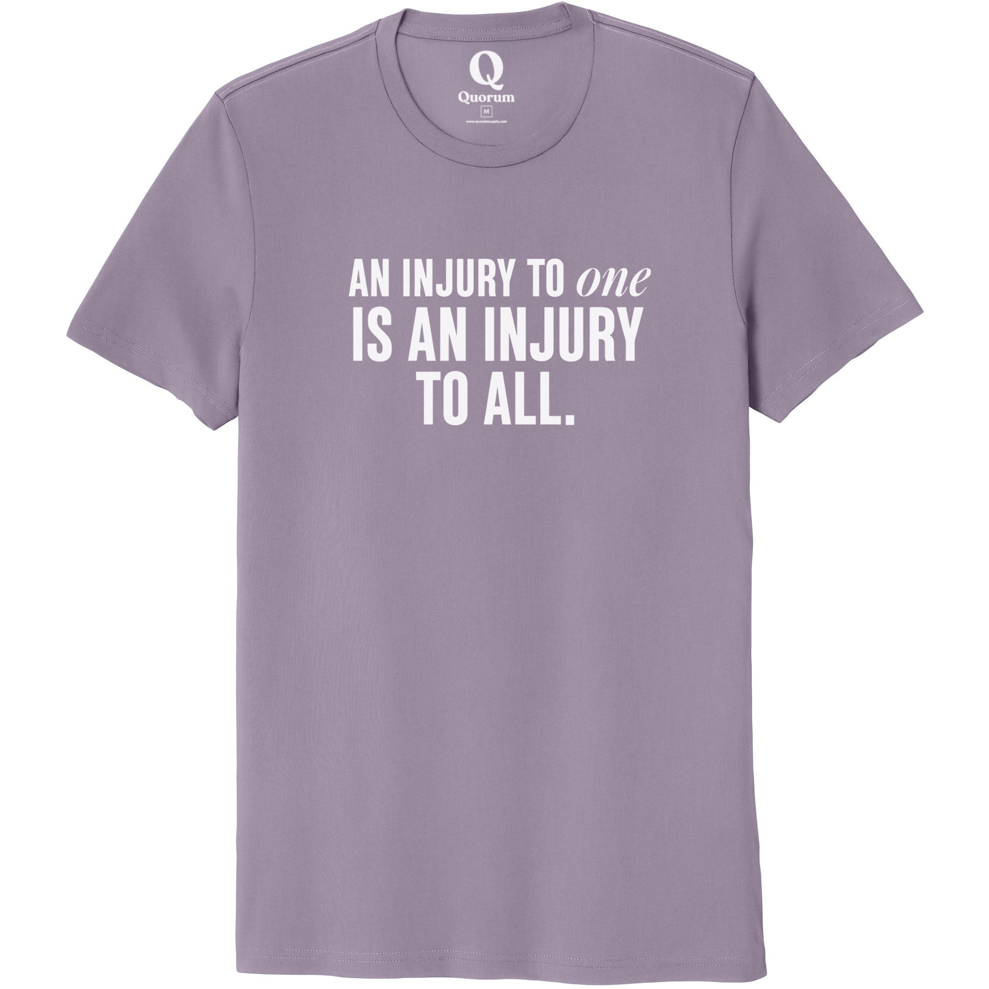 "An injury to one is an injury to all." Quorum Unisex 100% Organic Cotton Tee editorial print in Cosmic Purple