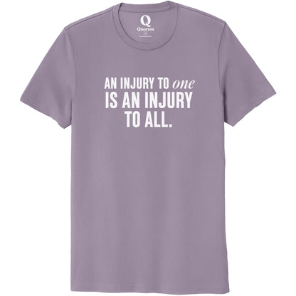 "An injury to one is an injury to all." Quorum Unisex 100% Organic Cotton Tee editorial print in Cosmic Purple
