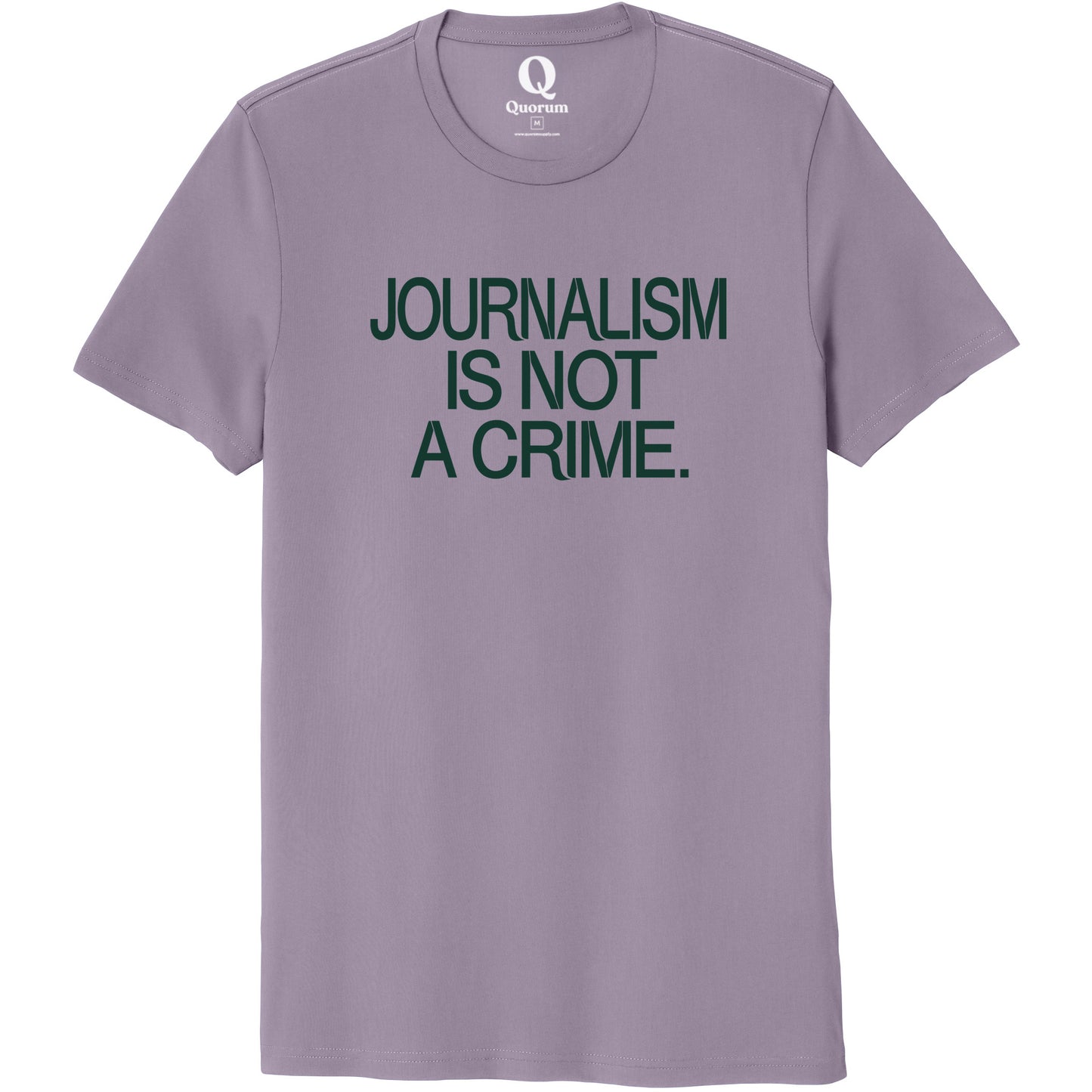 "Journalism is not a crime." Quorum Unisex 100% Organic Cotton Tee front print in Cosmic Purple
