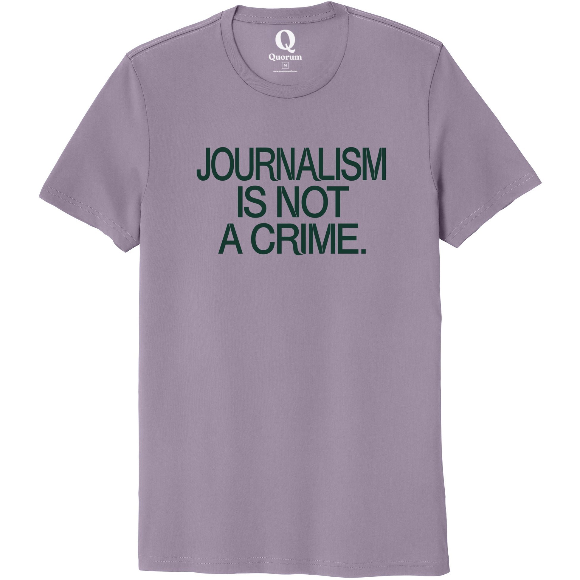 "Journalism is not a crime." Quorum Unisex 100% Organic Cotton Tee front print in Cosmic Purple