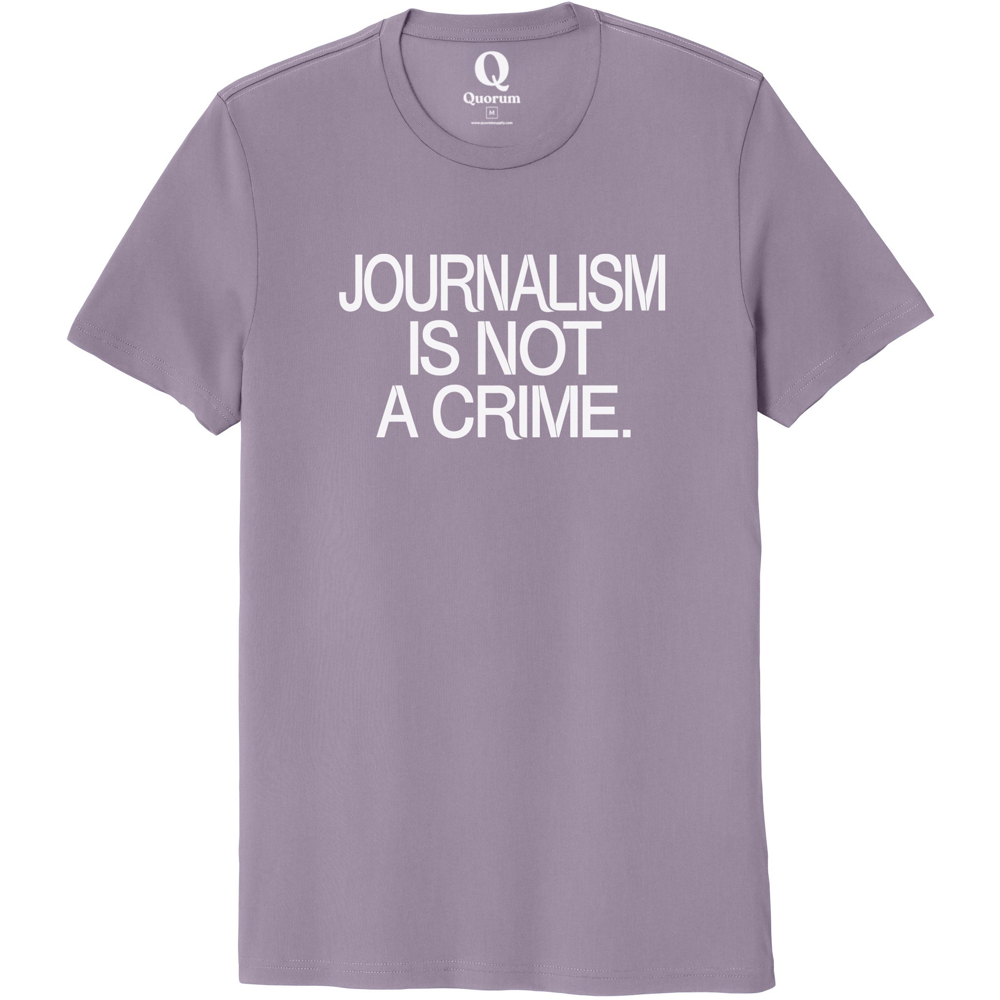 "Journalism is not a crime." Quorum Unisex 100% Organic Cotton Tee editorial print in Cosmic Purple
