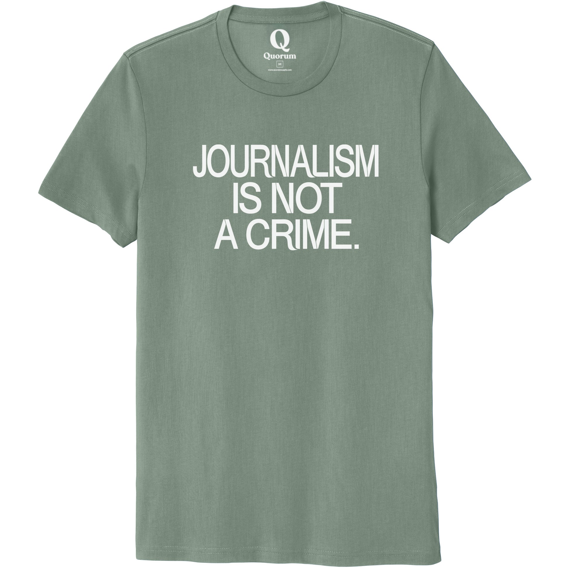 "Journalism is not a crime." Quorum Unisex 100% Organic Cotton Tee editorial print in Matcha Green