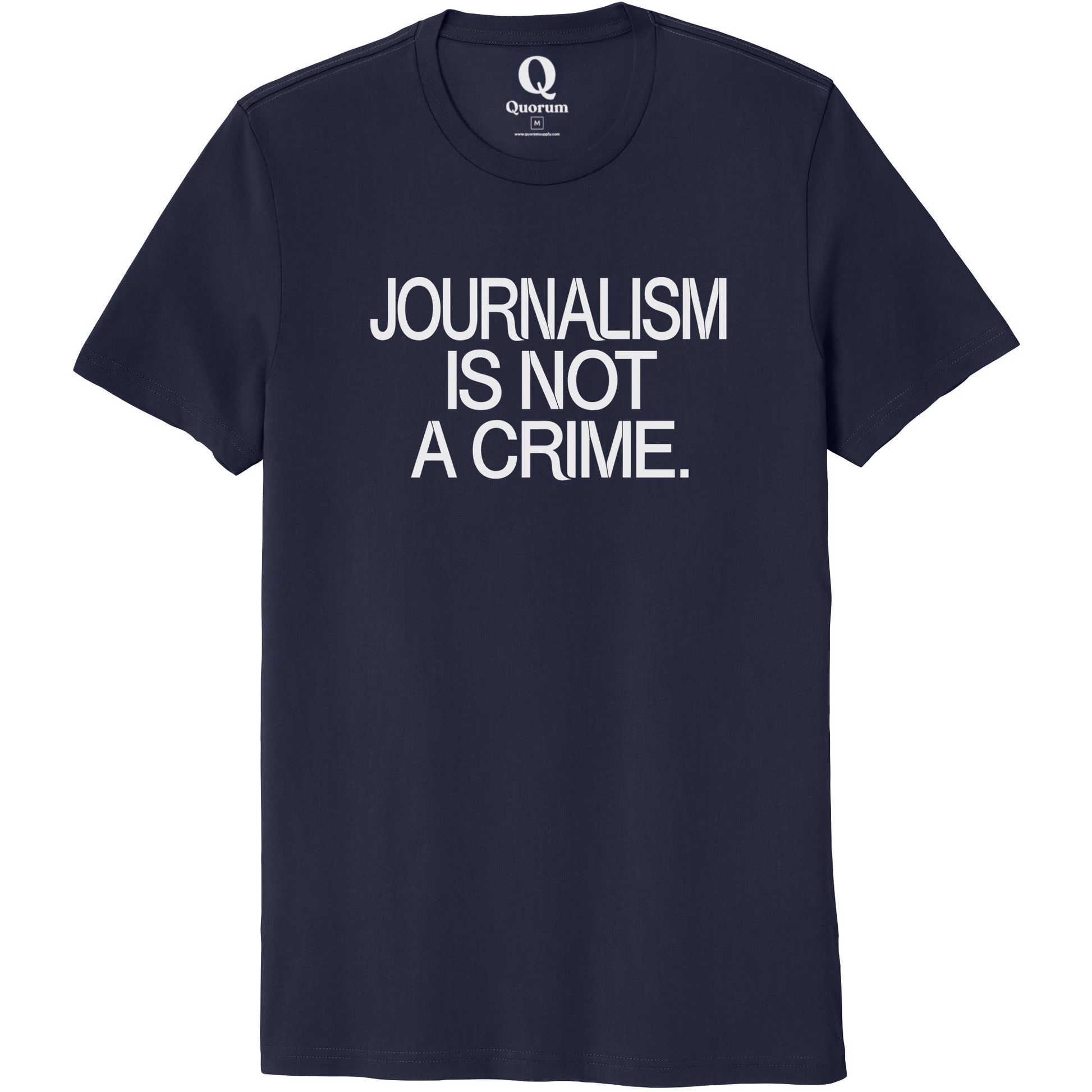 "Journalism is not a crime." Quorum Unisex 100% Organic Cotton Tee editorial print in Night Sky Navy
