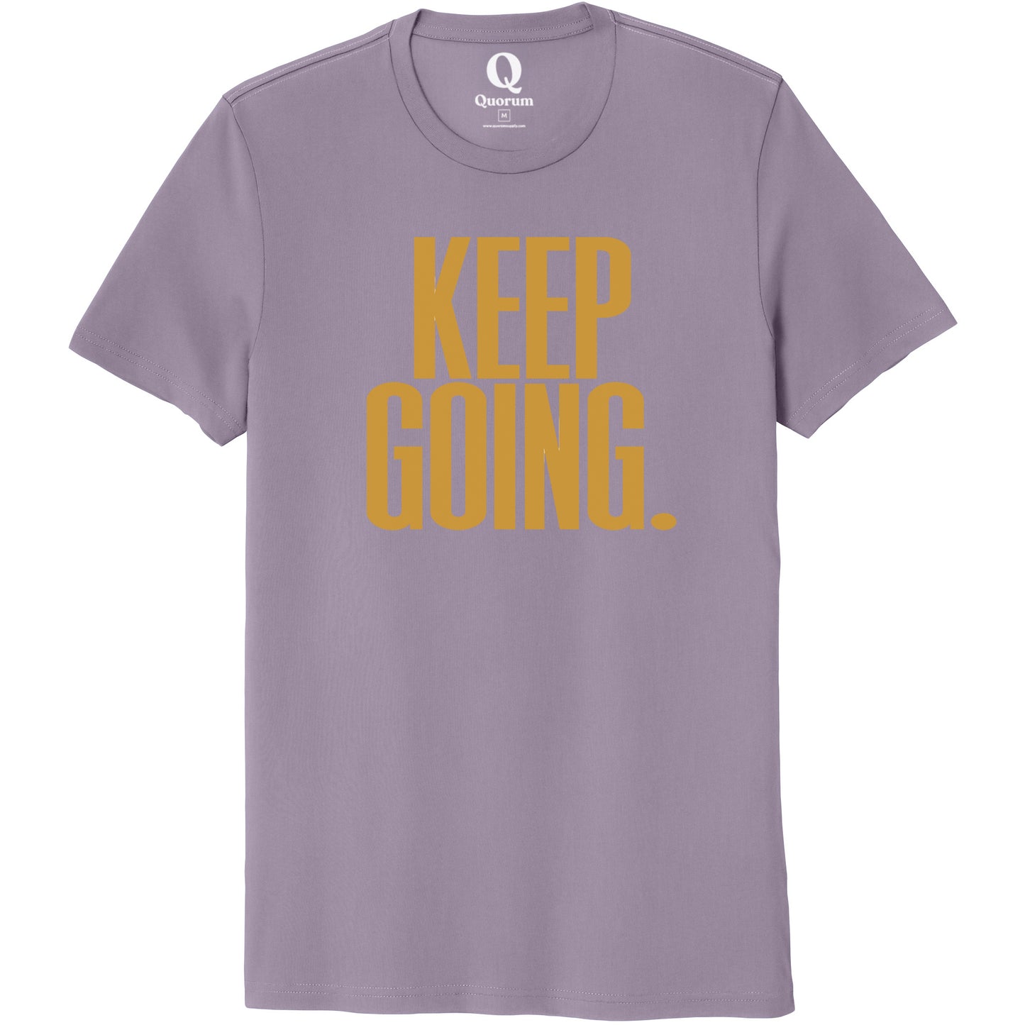 "Keep Going." Quorum Unisex 100% Organic Cotton Tee front print in Cosmic Purple