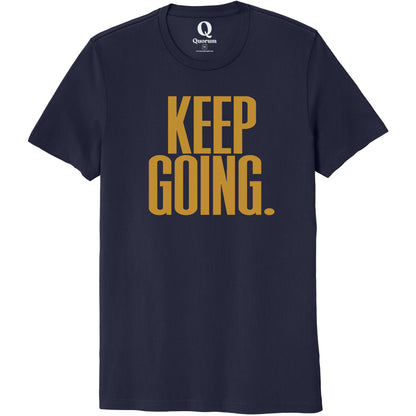 "Keep Going." Quorum Unisex 100% Organic Cotton Tee front print in Night Sky Navy