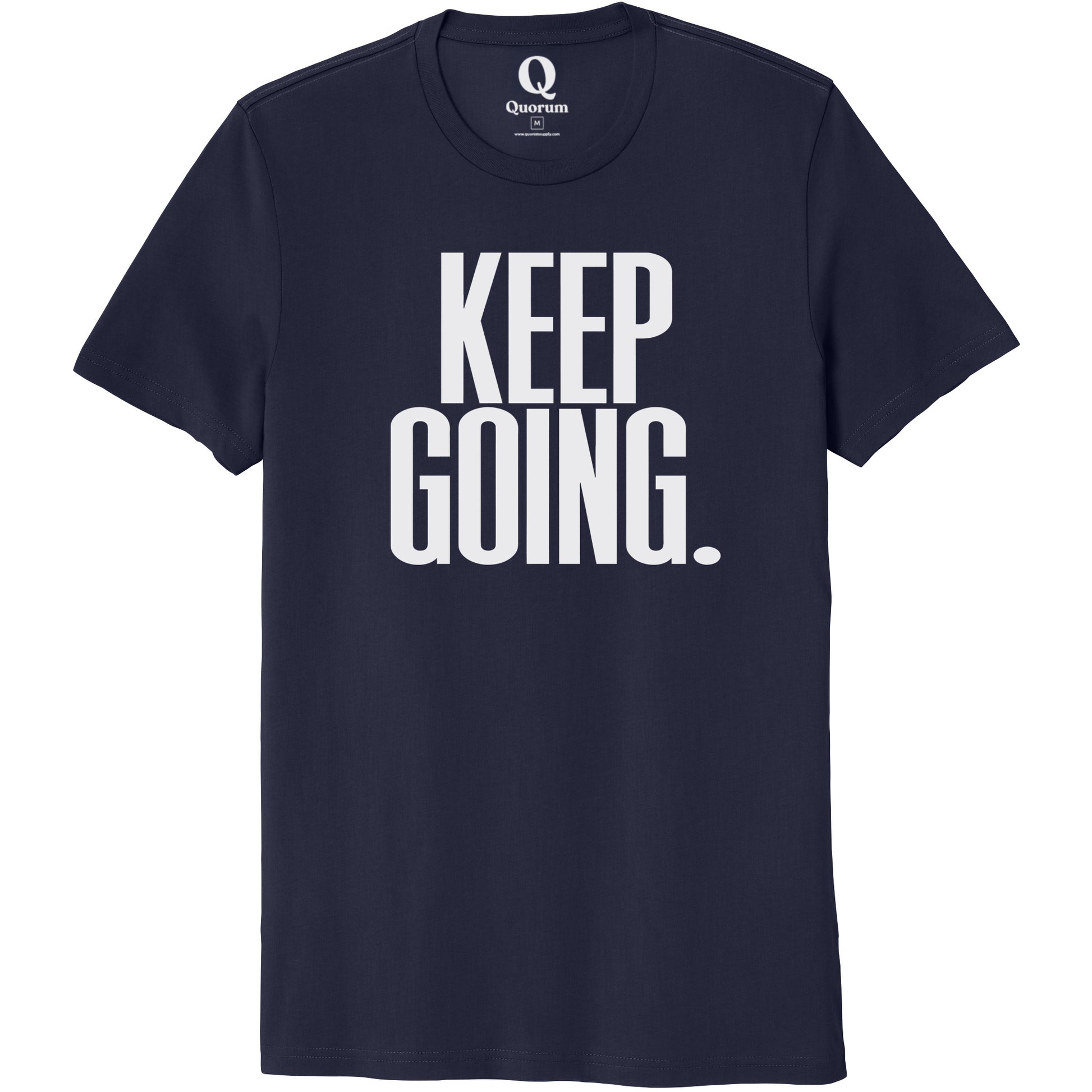 "Keep Going." Quorum Unisex 100% Organic Cotton Tee editorial print in Night Sky Navy