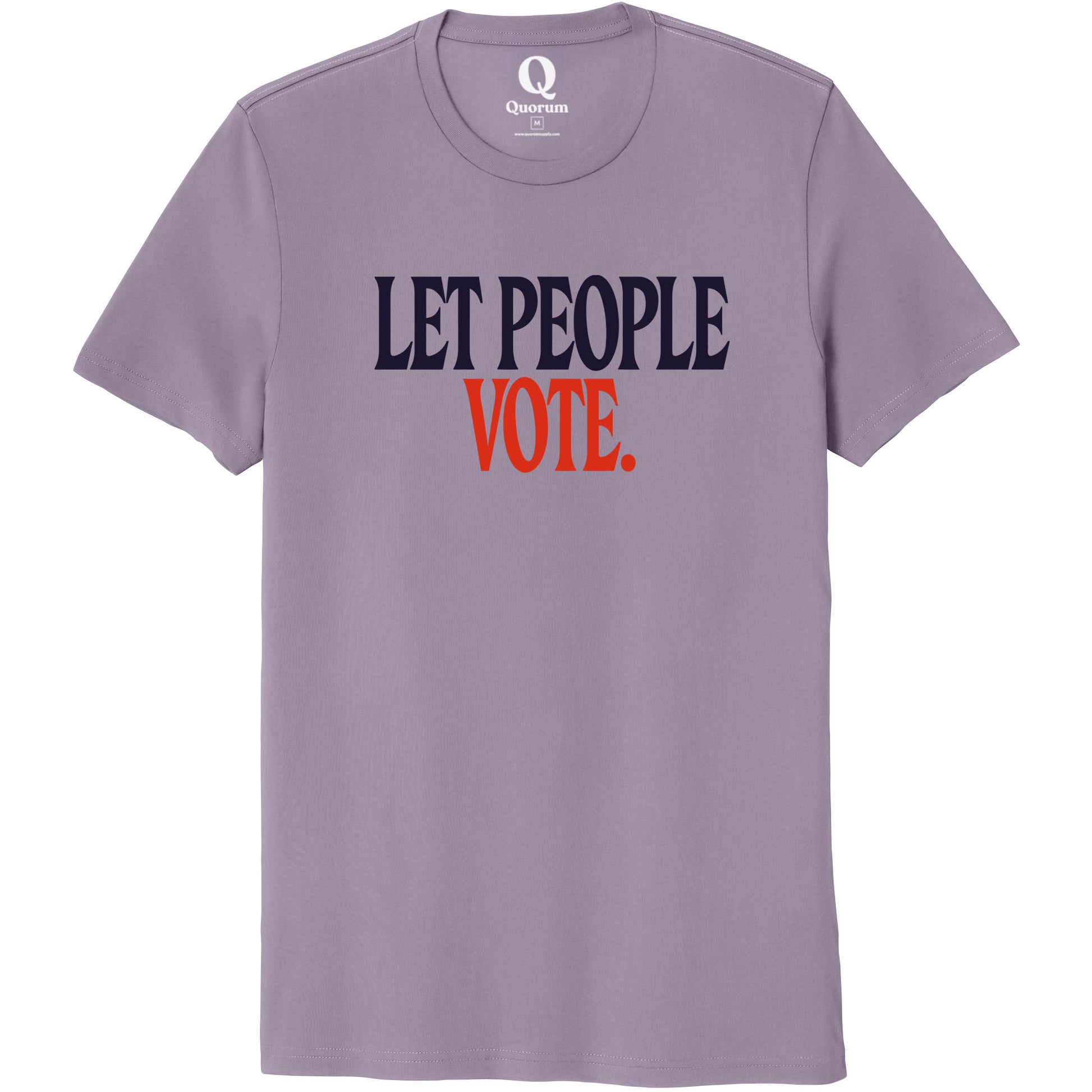 "Let People Vote." Quorum Unisex 100% Organic Cotton Tee front print in Cosmic Purple