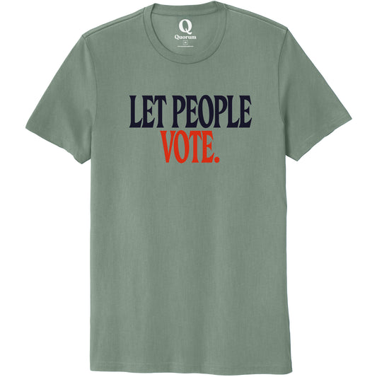 "Let People Vote." Quorum Unisex 100% Organic Cotton Tee front print in Matcha Green