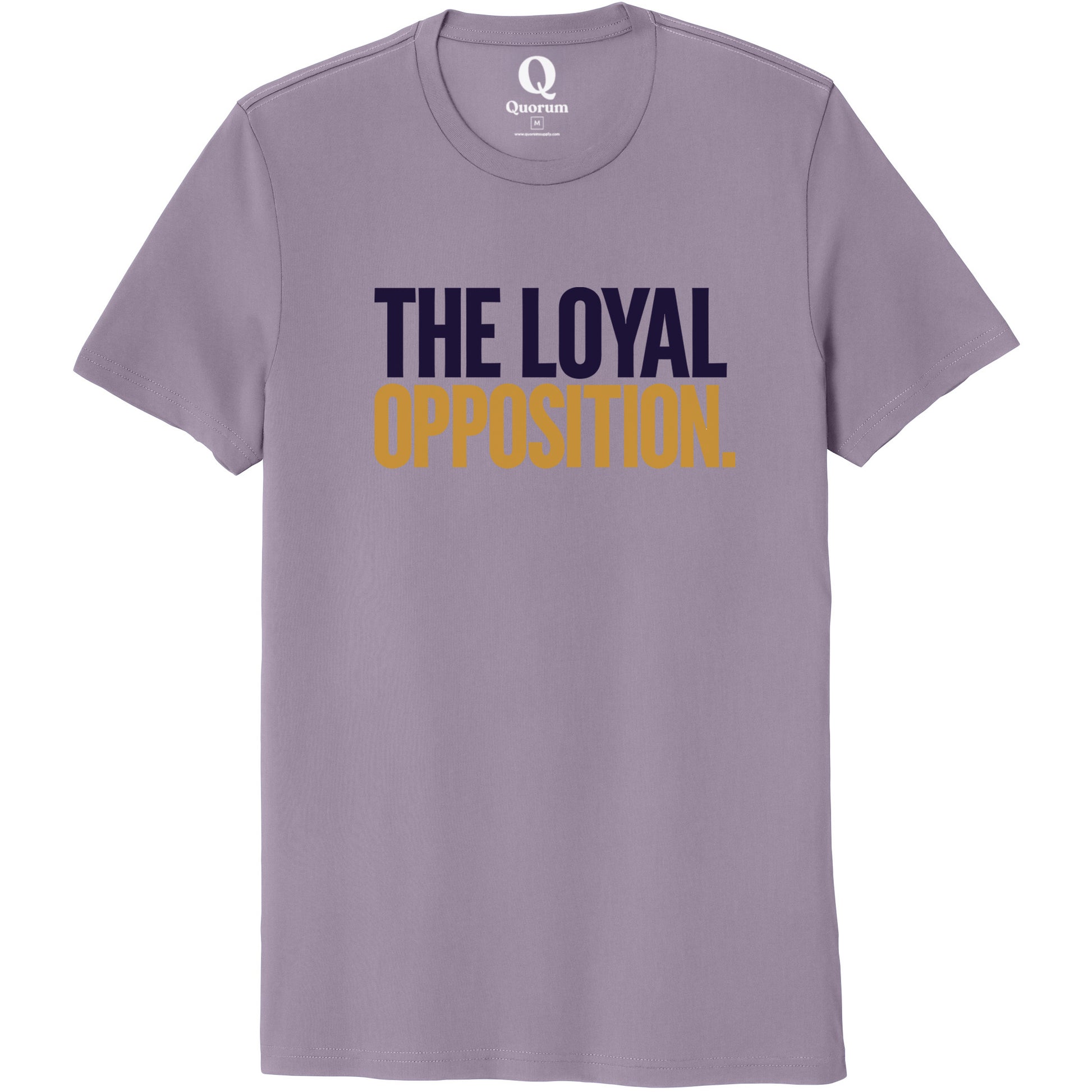 "The Loyal Opposition." Quorum Unisex 100% Organic Cotton Tee front print in Cosmic Purple